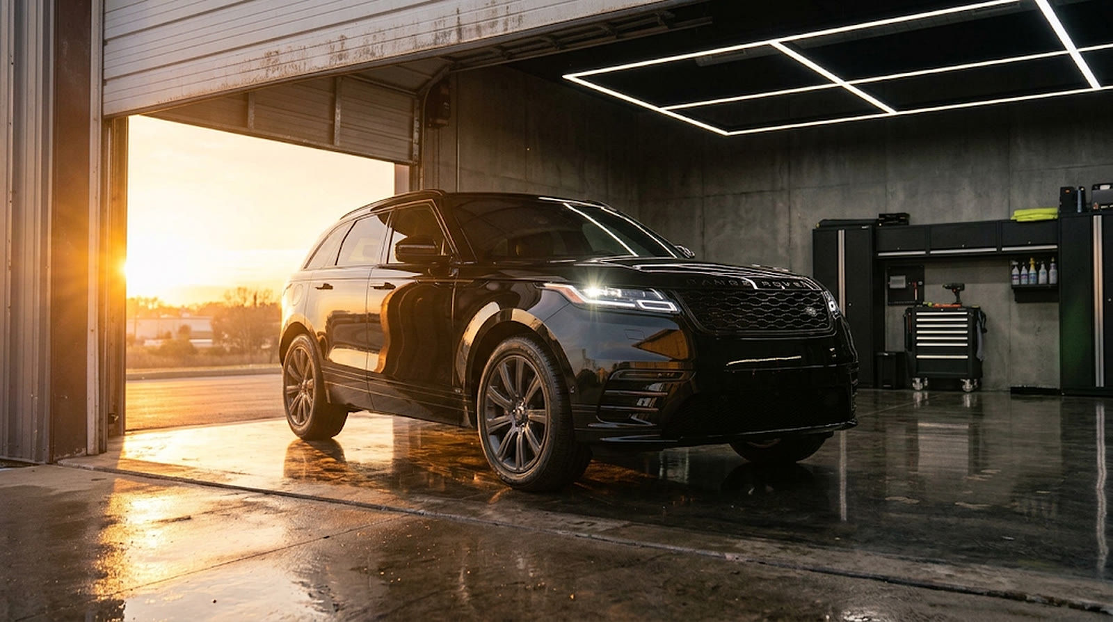 The clean SUV at the studio door at golden hour