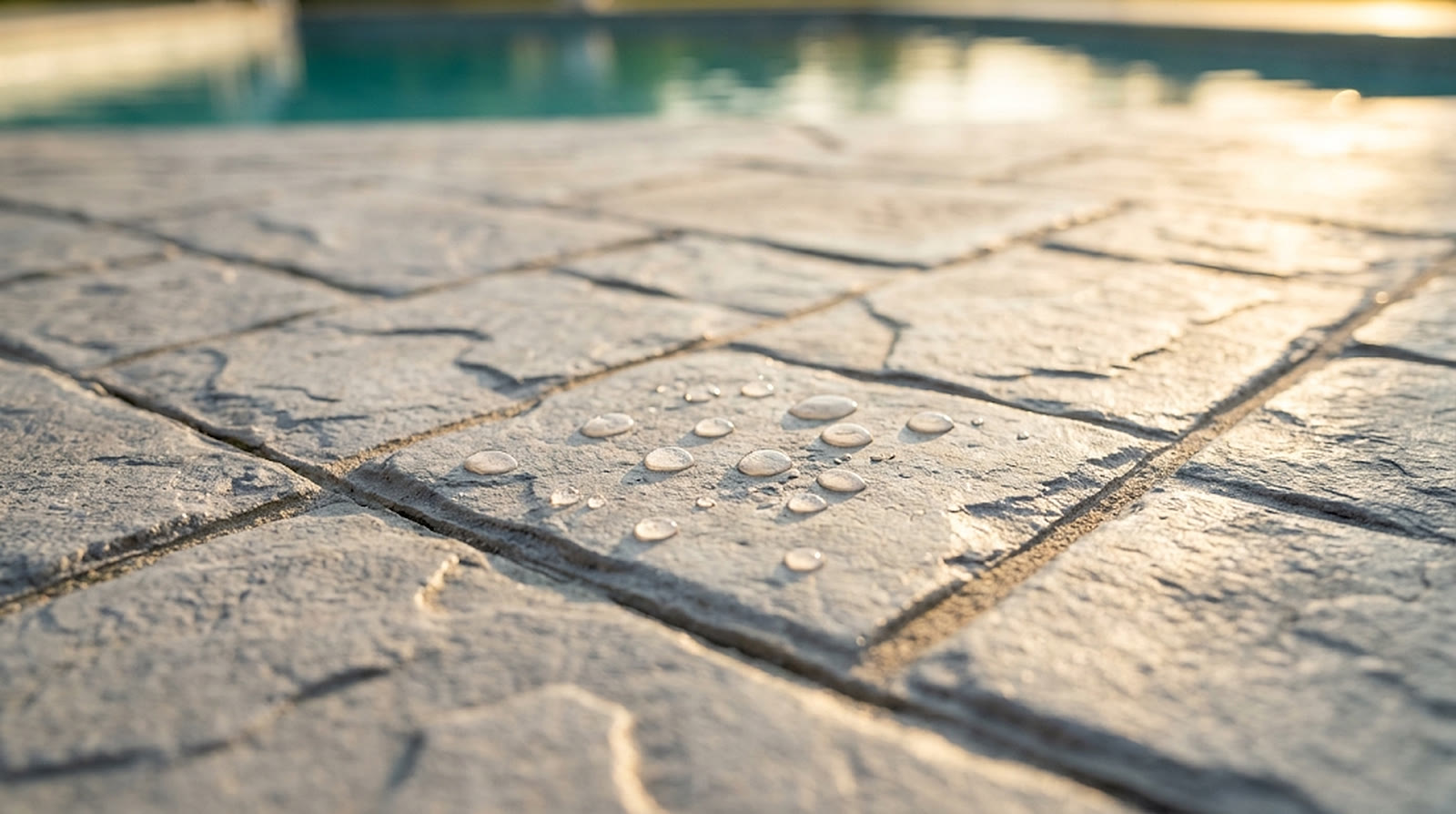 Illustration: stamped stone-pattern concrete with water beading by a pool