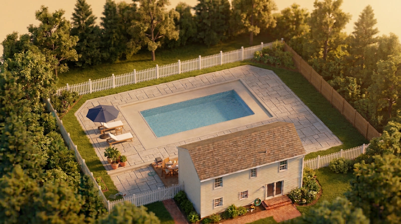 Illustration: a finished stamped concrete pool deck in a backyard, seen from above